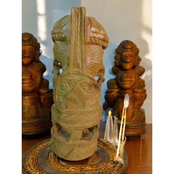 Vintage Hand-Carved Wood Ganesh Idol Elephant God Statue with Umbrella 6.25" - Picture 4 of 10
